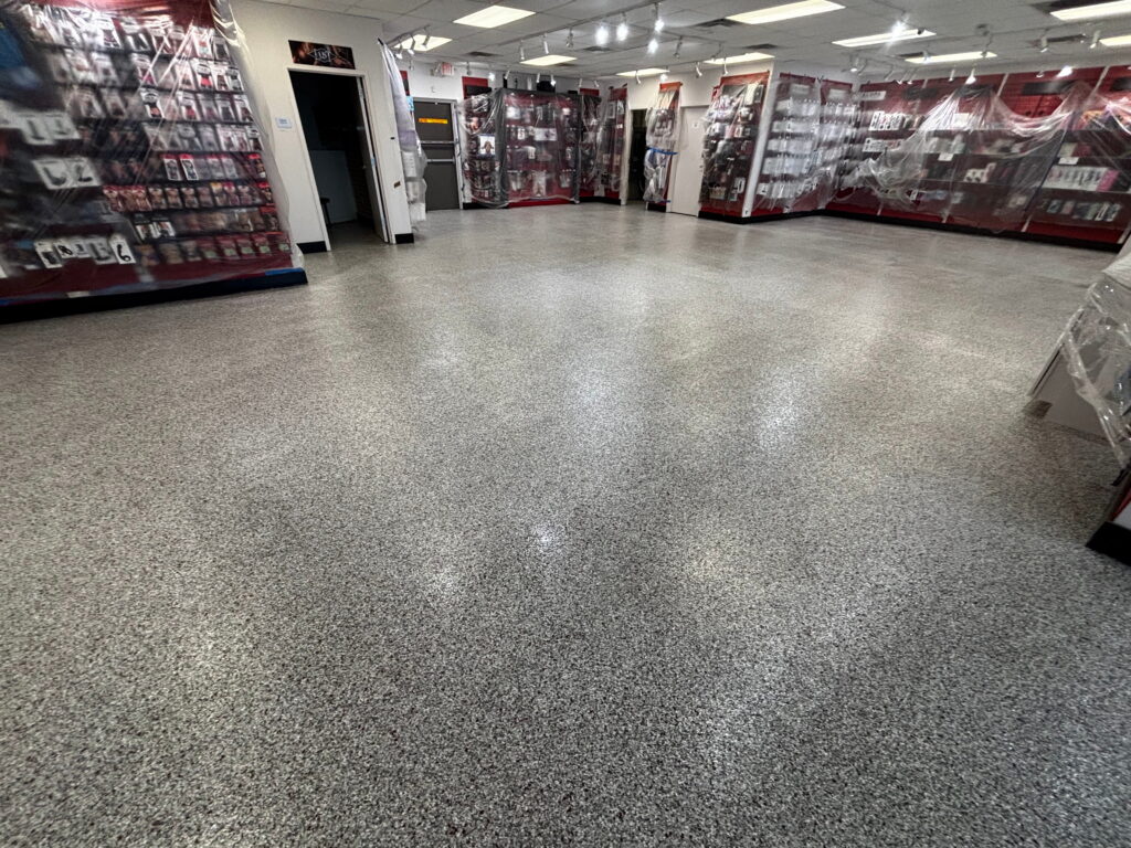 Retail store flake epoxy flooring project in Boerne, TX