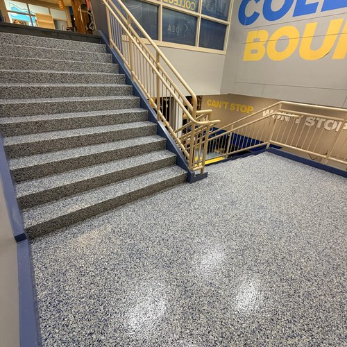 School flake epoxy stairs flooring project in San Antonio, TX